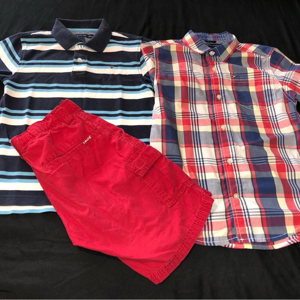 Tommy Hilfiger Blue/White Striped Polo Plaid Button Down & Levi Red Cargo Shorts